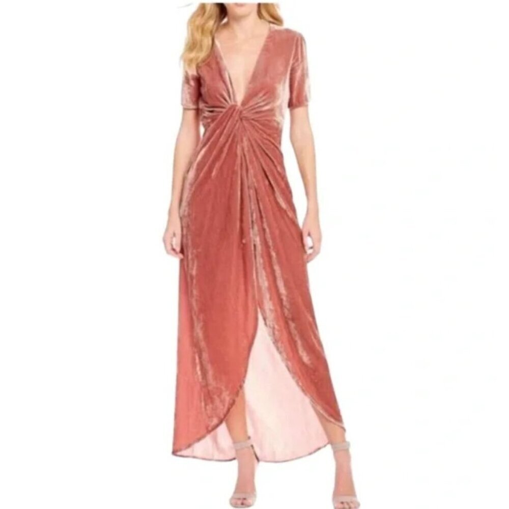 NWT J.O.A. Dusty Pink Crushed Velvet Twist Front Maxi Dress High-Low Size XS